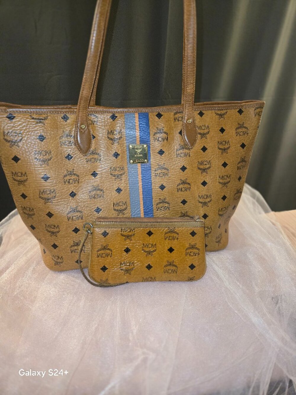 Authentic MCM Visetos Cognac Shopper Tote with Wristlet — Set